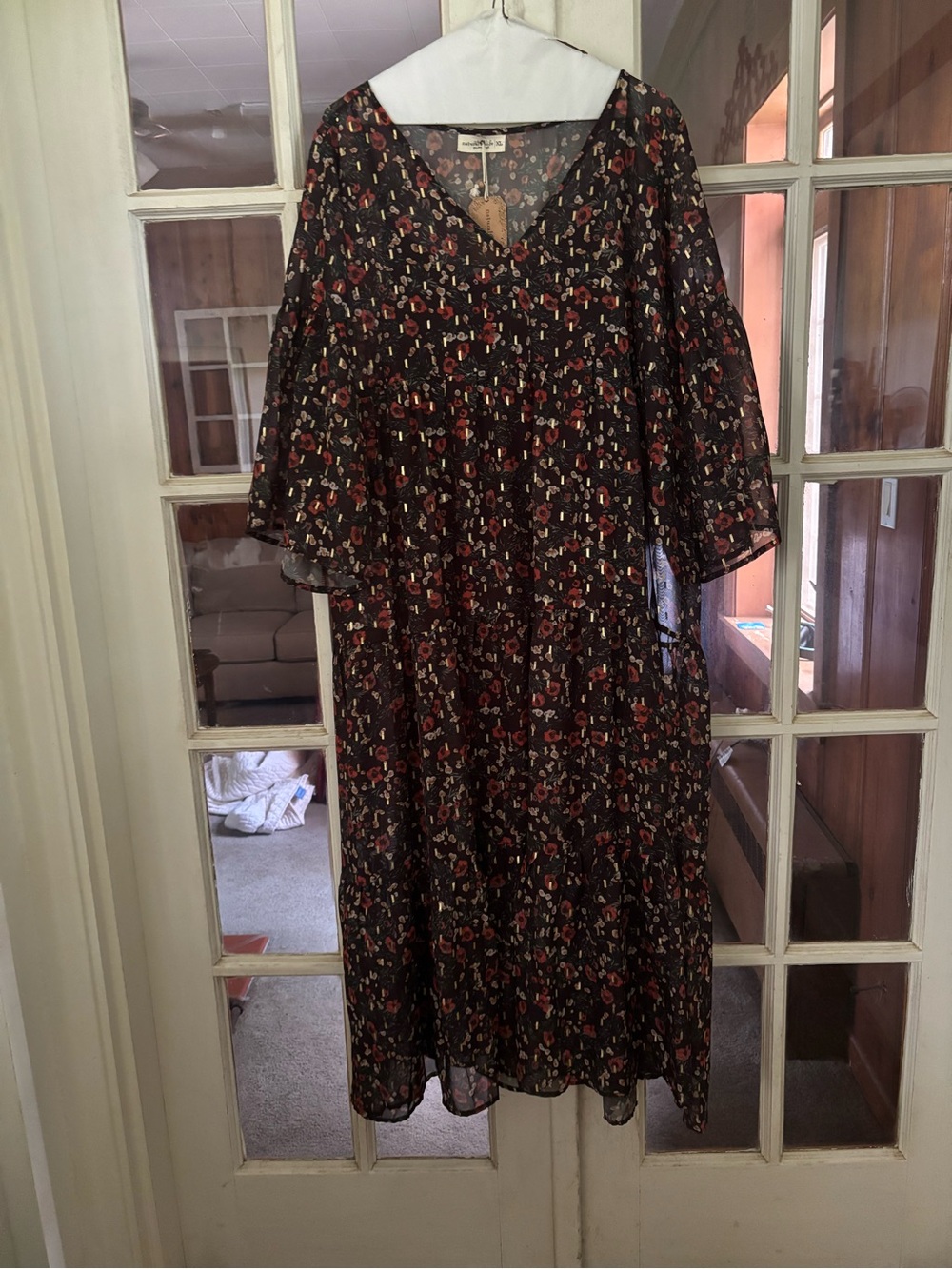 NATURAL LIFE Dark Brown Midi Dress with Red and gold Print. Sheer with liner